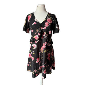 Women's L Cottagecore Babydoll Ruffle Flutter Short Sleeve Floral Midi Dress